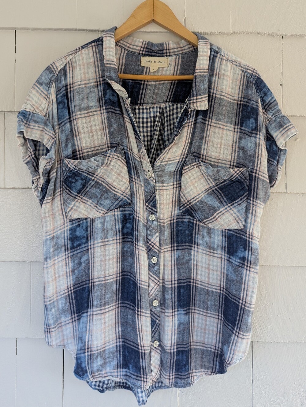 Cloth & Stone Blue White Plaid Flowy Oversized Top Size Large